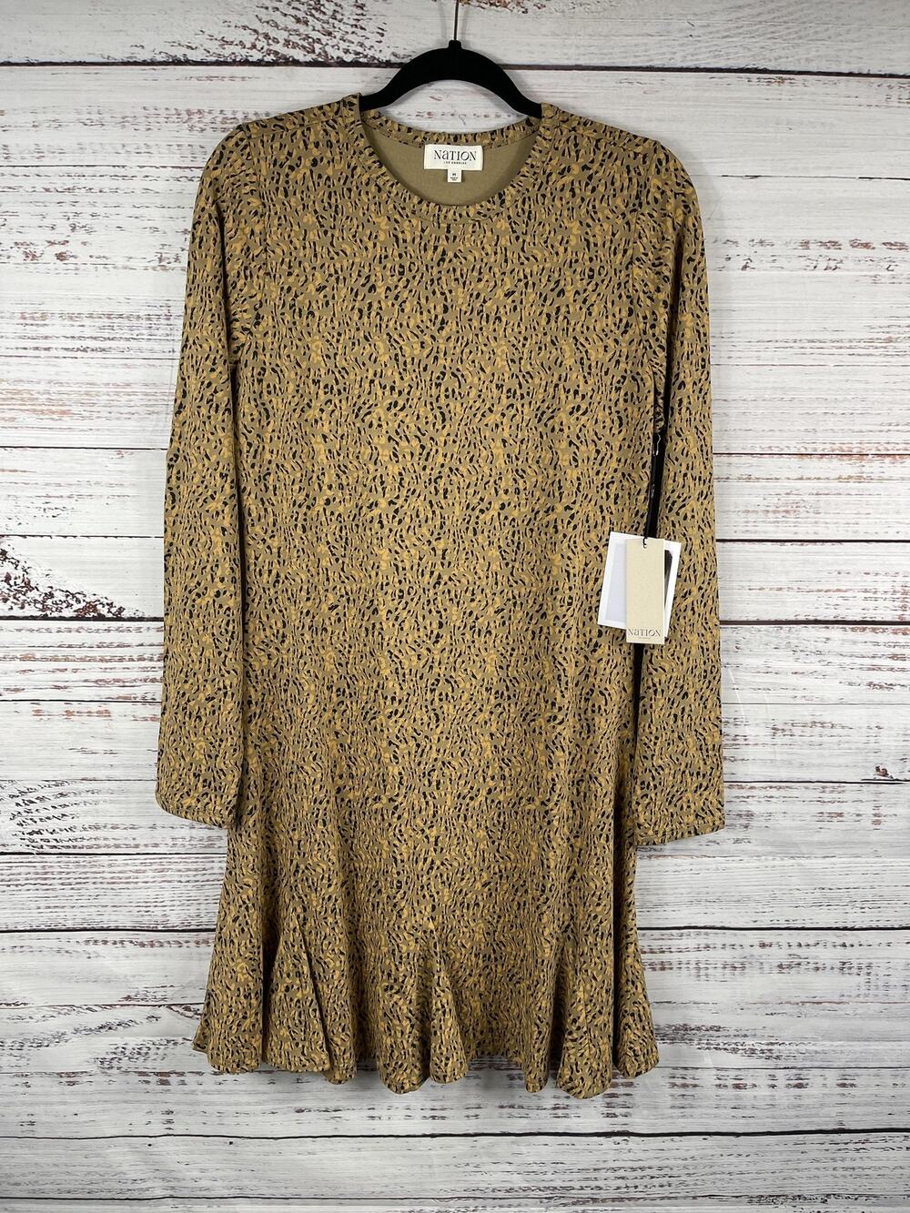 Nation Los Angeles Dress Women's Medium Beige Leopard Long Sleeve Trapeze Swing